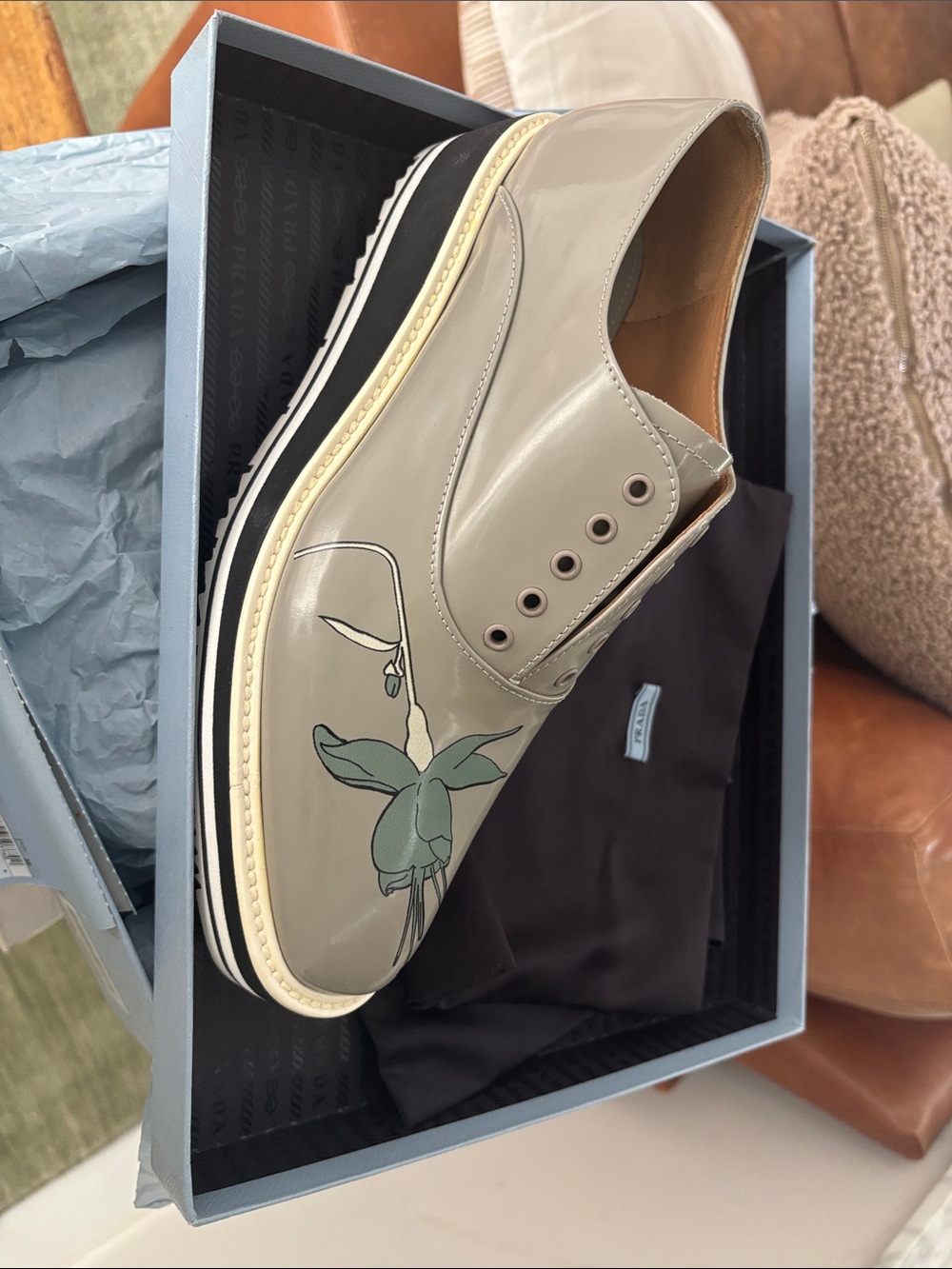 Prada women’s gray leather derby with floral, hand painted detail, NIB, 39